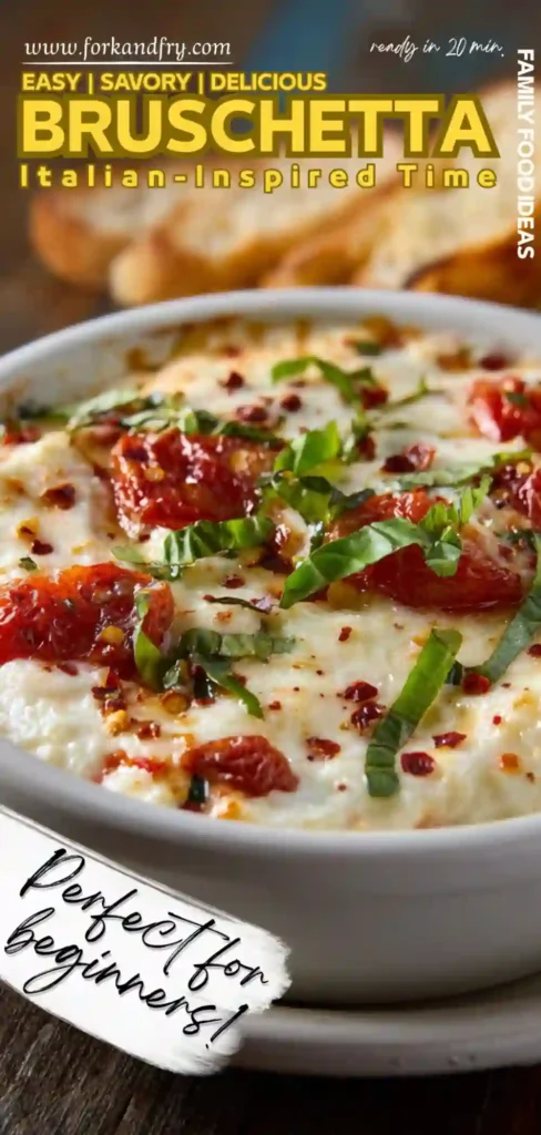 Italian bruschetta dip served in white bowl with herbs