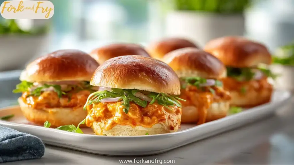 Mini buffalo chicken sliders with cheese and ranch in Hawaiian buns.