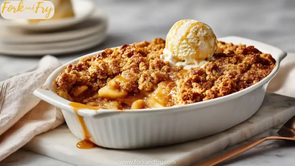 Caramel apple dump cake in a white dish with golden topping