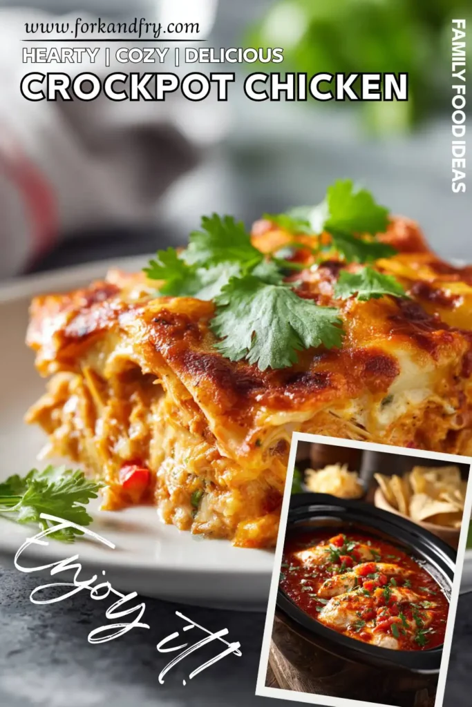 Fall-inspired chicken enchilada casserole cooked in crockpot