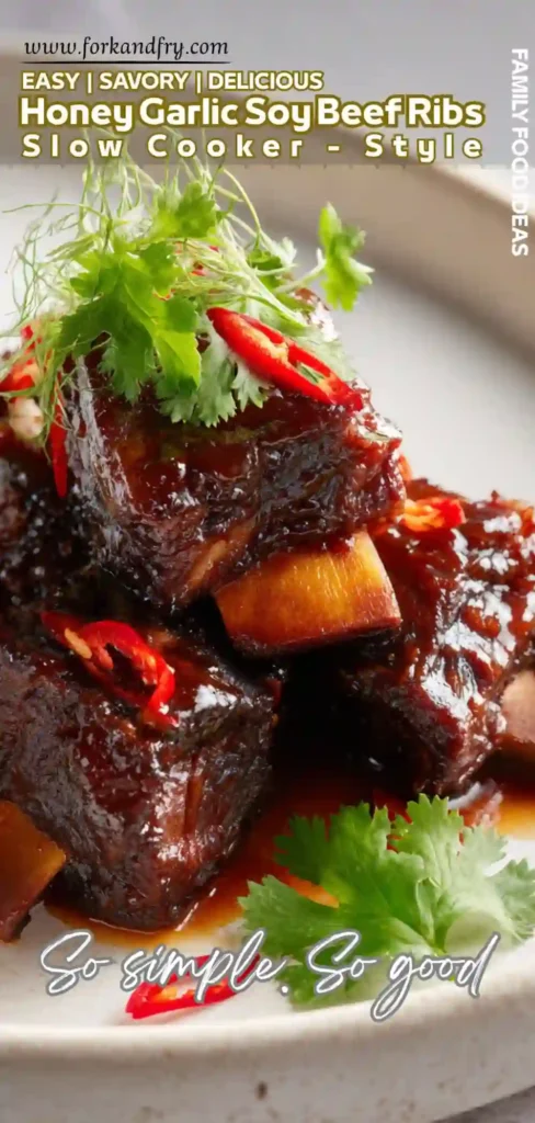 Easy Crockpot Honey Soy Ribs Beef ribs in crockpot with sticky honey soy glaze