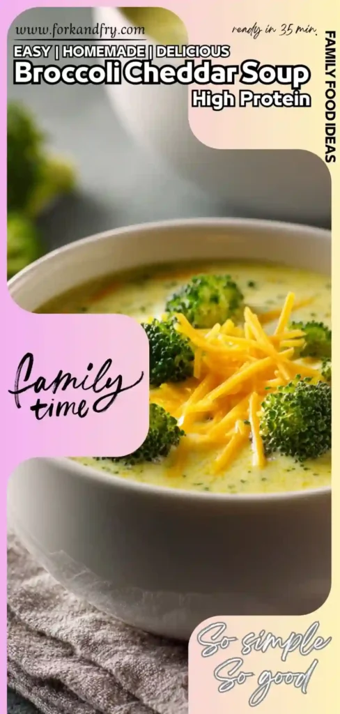 Healthy high protein cheddar soup with fresh broccoli and blended cottage cheese.