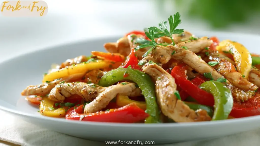 Ground turkey stir-fry with colorful bell peppers in white bowl.