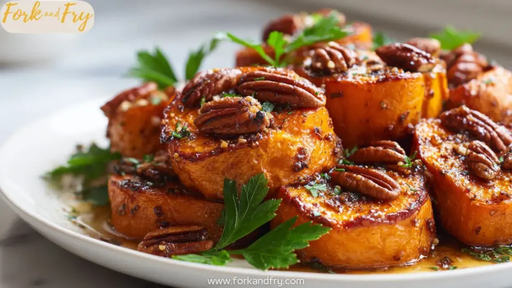 Roasted sweet potatoes with garlic butter and toasted pecans on white plate