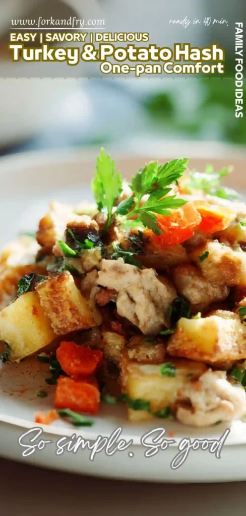 Skillet turkey dinner with diced potatoes and peas