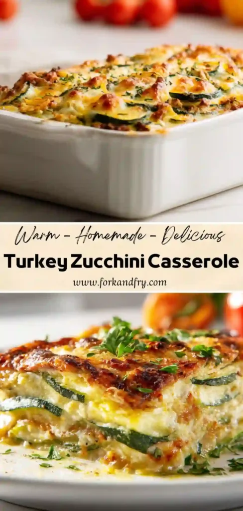Ground turkey baked with zucchini and cheese in casserole form