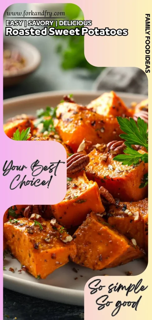 Close-up of oven-roasted sweet potatoes with garlic and parsley