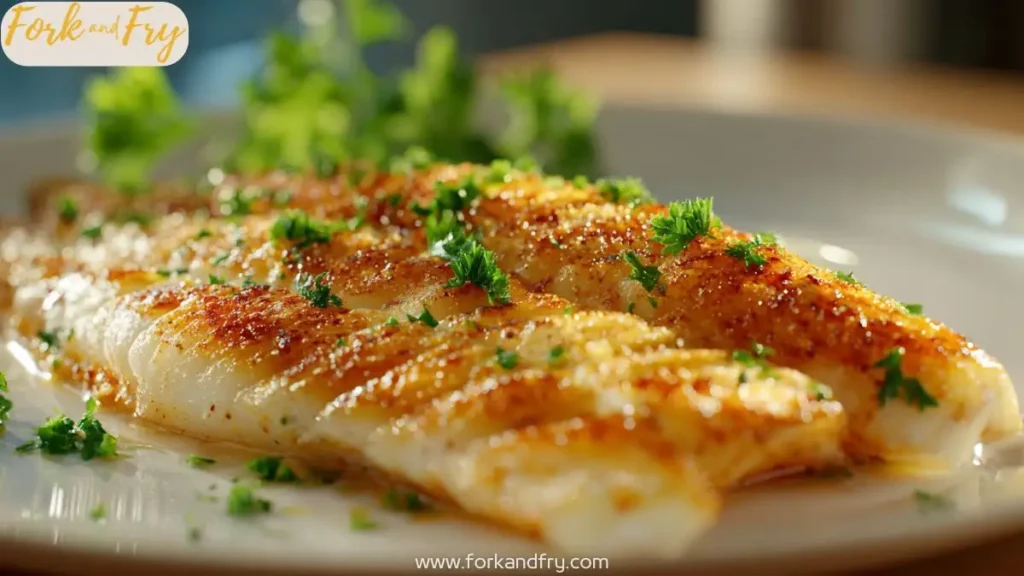 Crispy golden fish fillets in lemon butter sauce with parsley