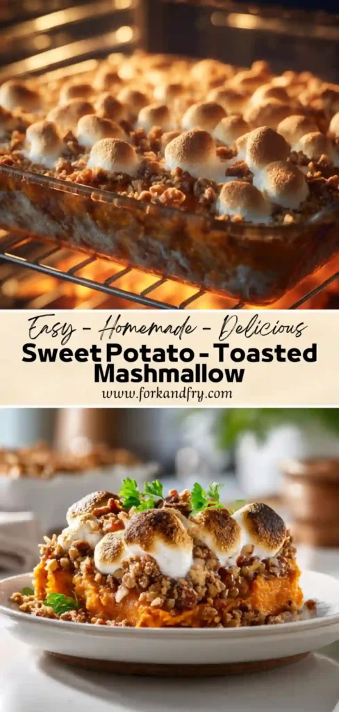 Maple‑sweetened mashed sweet potato casserole finished with toasted marshmallows and nutty streusel