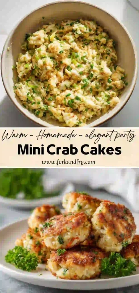 Bite-sized crab cakes on a serving tray with tartar sauce