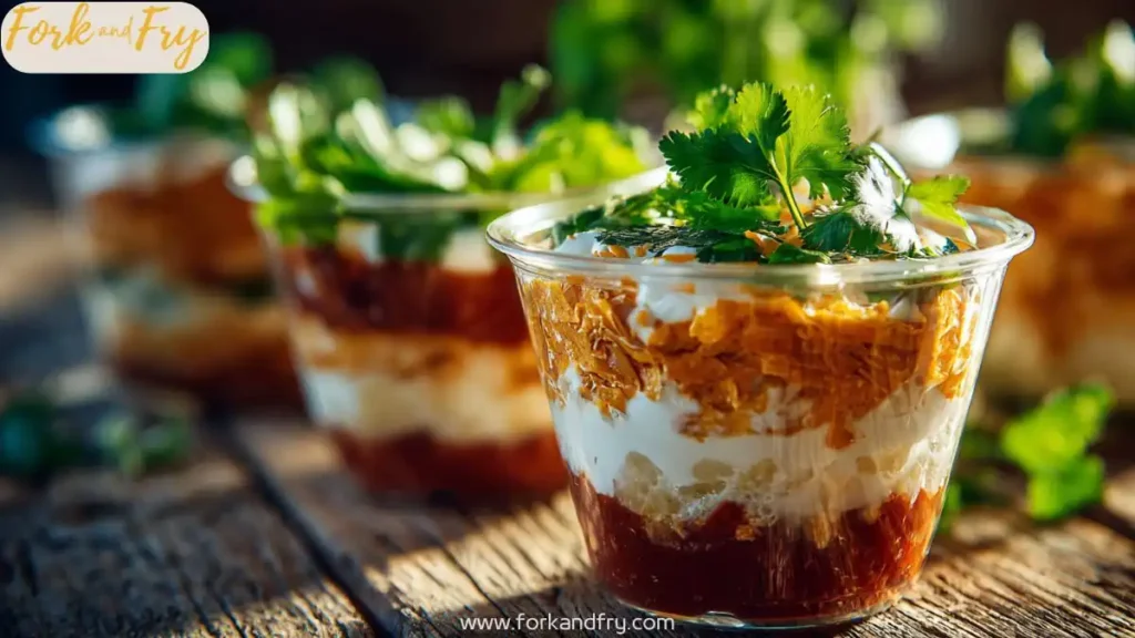 Individual 7-layer dips in clear cups with colorful toppings