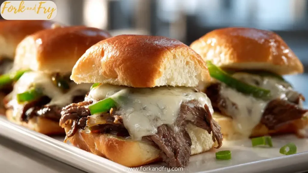 Cheesy Philly sliders loaded with steak, onions, and peppers