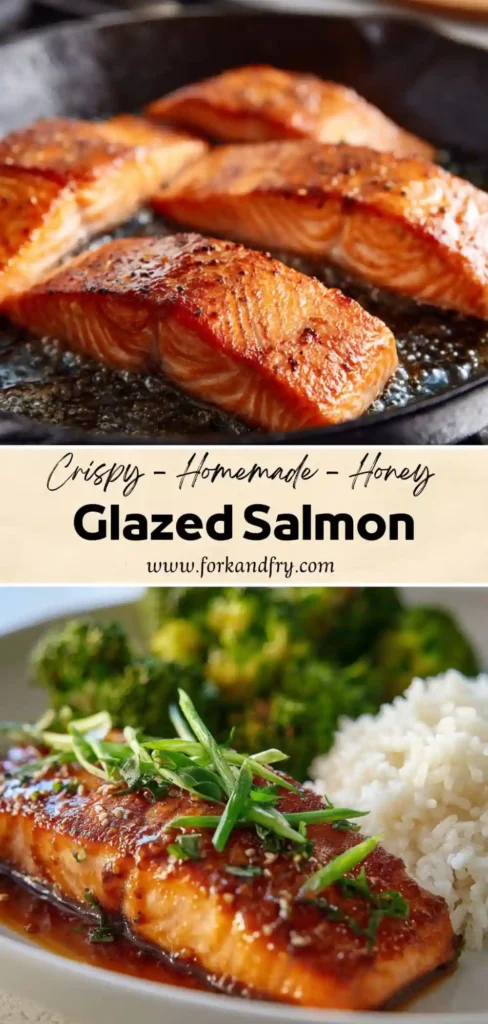 Honey garlic glazed salmon plated with rice and broccoli