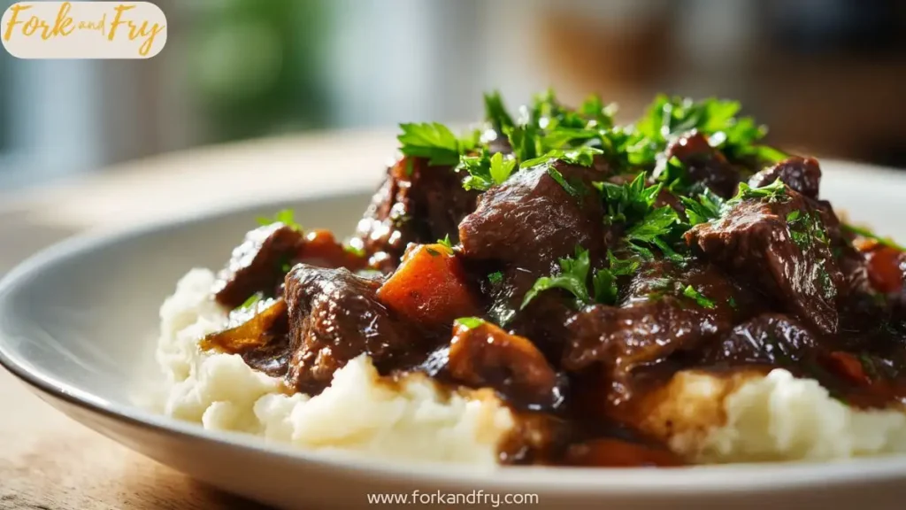 Rich beef bourguignon made in the slow cooker with carrots and red wine