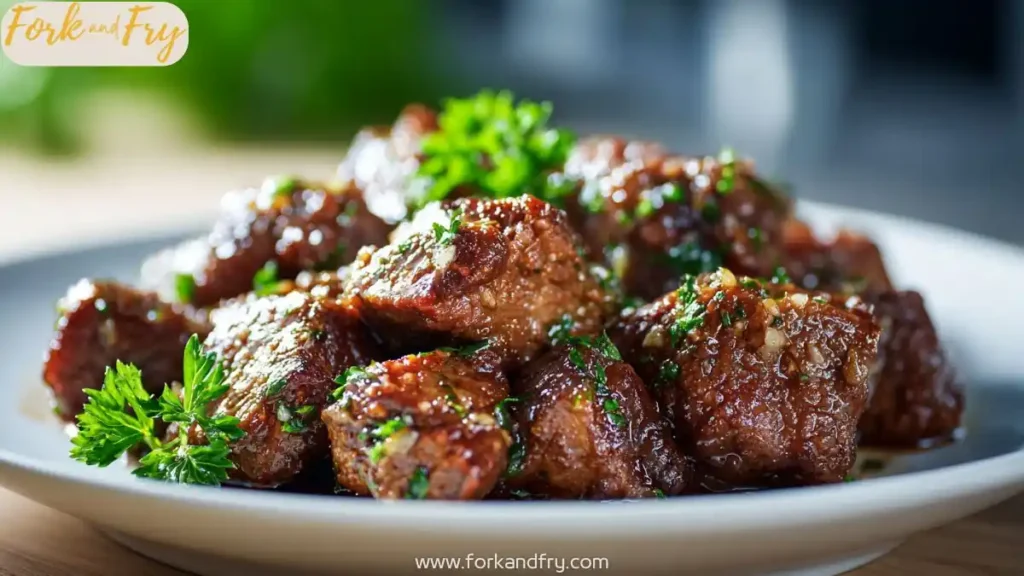 Crockpot beef bites in garlic butter sauce with parsley on top, served with mashed potatoes on a white plate.