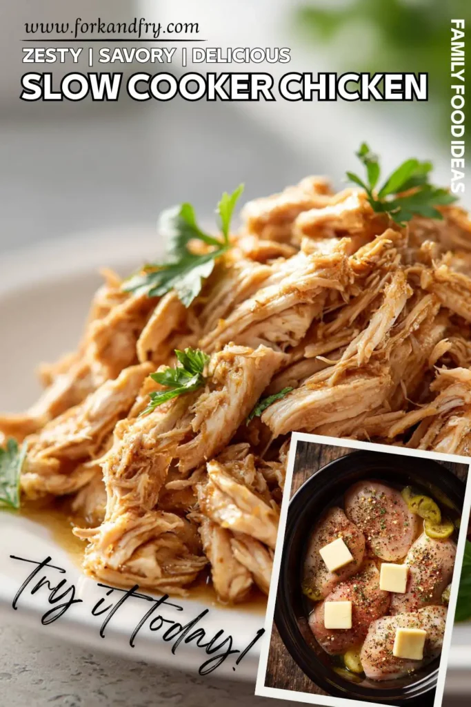 Slow Cooker Mississippi Chicken Chicken breasts slow cooked with ranch, gravy mix, and peppers