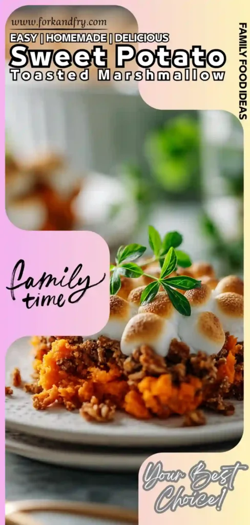 Sweet potato casserole with mini marshmallows and cinnamon brown sugar pecan streusel topping