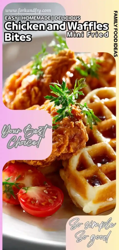 crispy mini fried chicken on golden waffles with maple syrup and cherry tomatoes