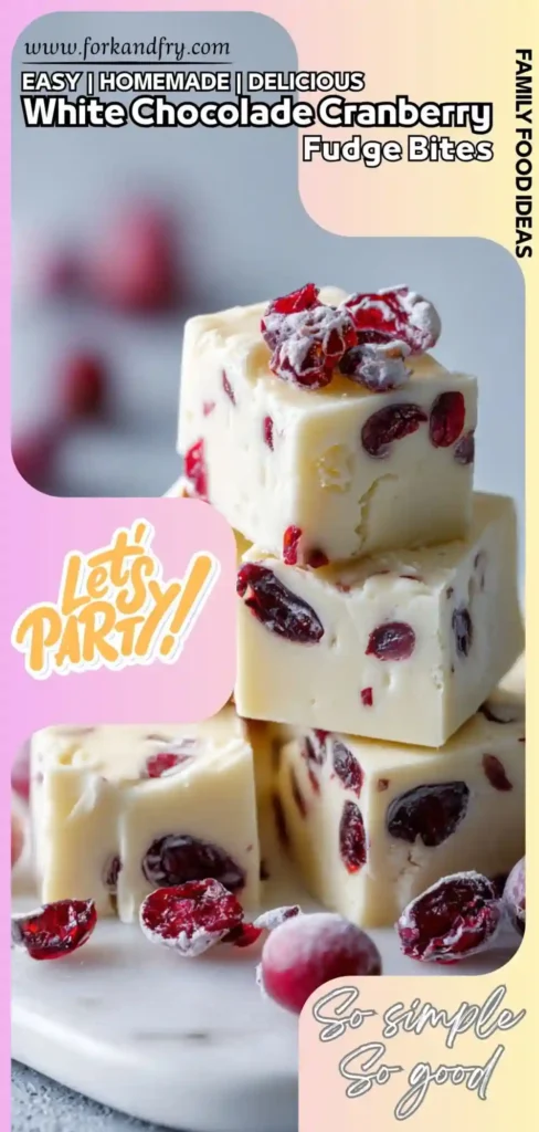Close-up of white chocolate fudge with cranberries on top