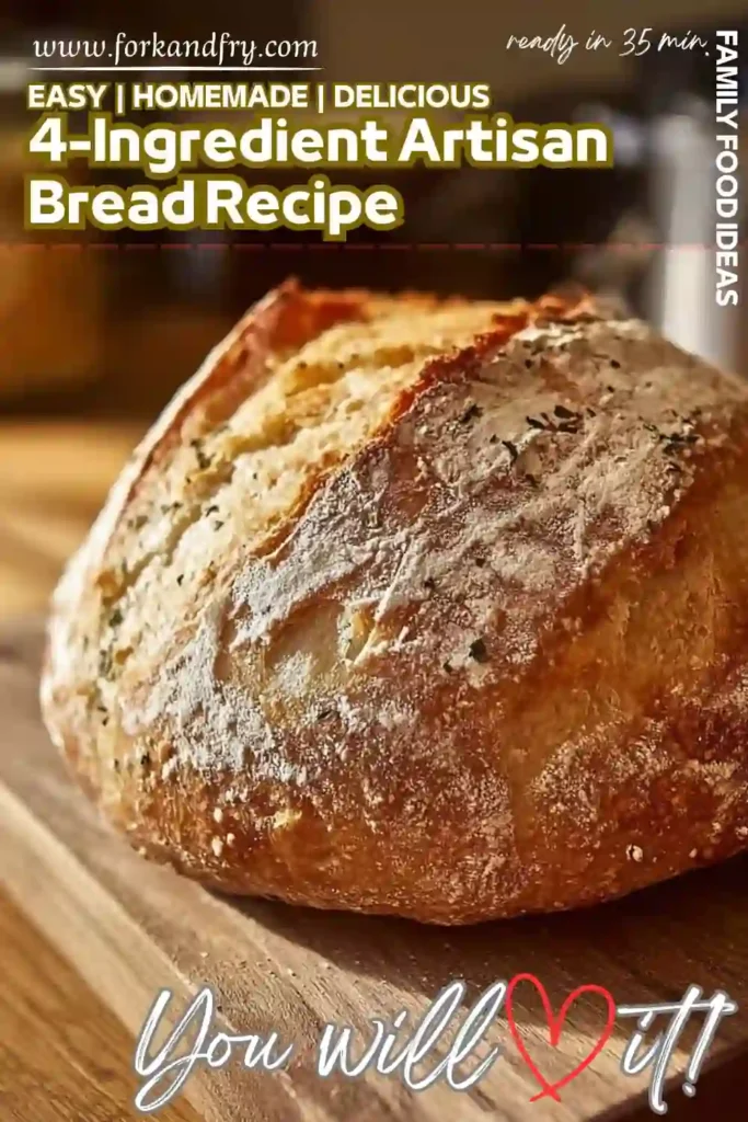 4-Ingredient Artisan Bread Recipe – Simple, Crusty u0026 Homemade Rustic 4-ingredient artisan bread loaf with golden crust and flour dusting on wooden board