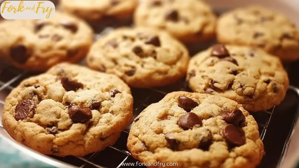 Gooey chocolate chip cookies cooling on a wire rack, golden brown and freshly baked