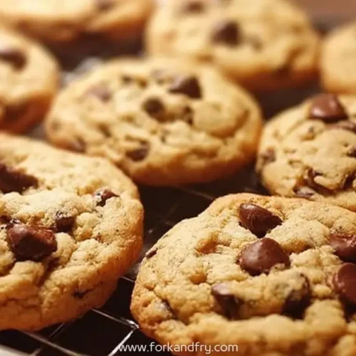 Gooey chocolate chip cookies cooling on a wire rack, golden brown and freshly baked