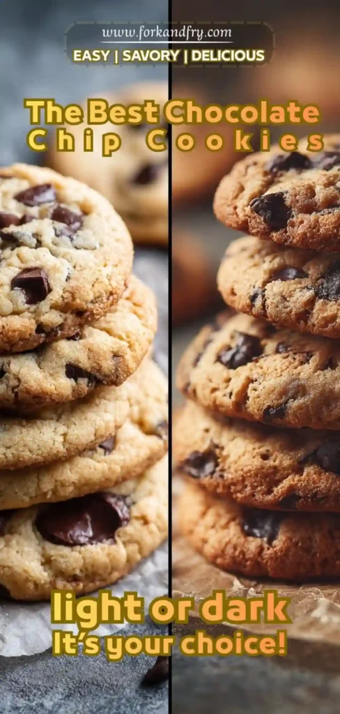 Close-up of chewy chocolate chip cookies stacked on parchment paper, glossy melted chocolate chips in focus.