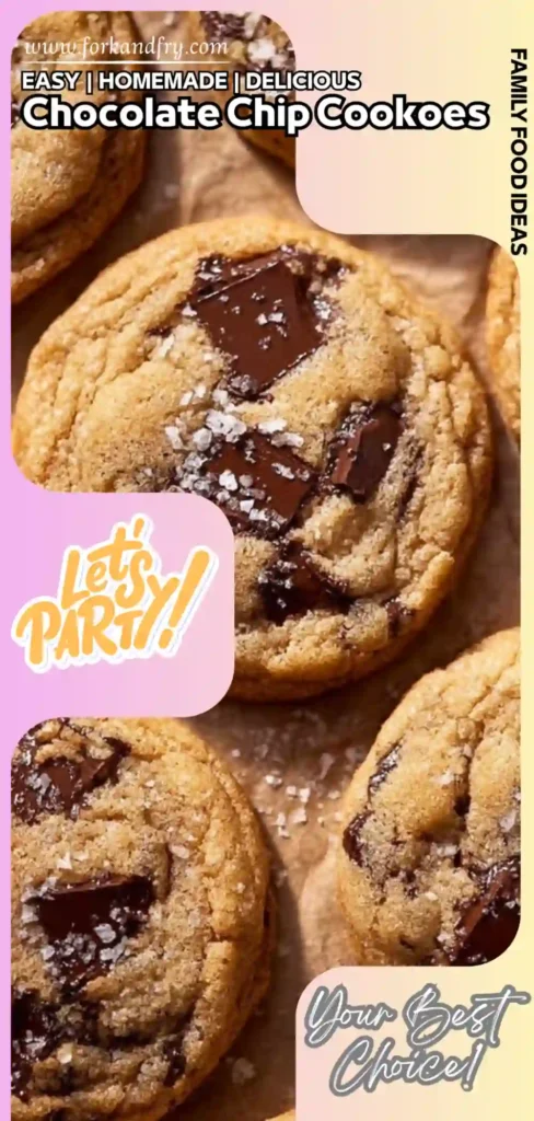 Close-up of chocolate chip cookies topped with sea salt on parchment with playful text overlay