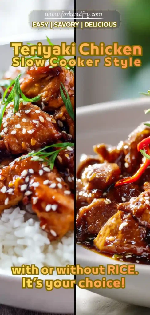 Easy Slow Cooker Teriyaki Chicken Teriyaki chicken slow cooker served with sesame seeds and chopsticks.