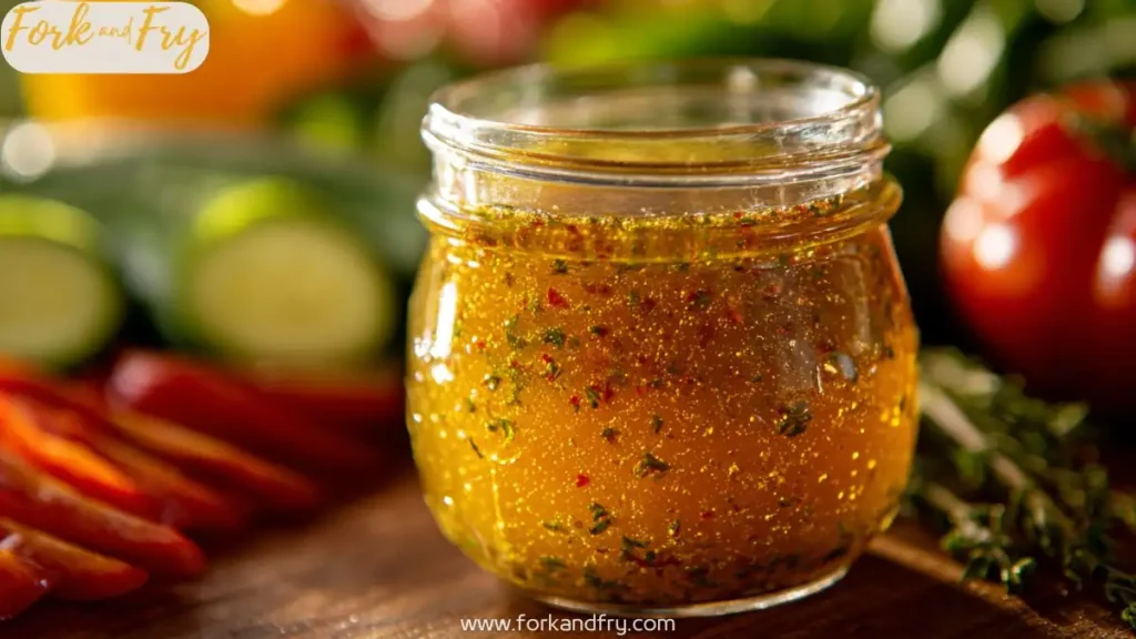 jar of homemade herb vinaigrette with visible herbs and spices surrounded by fresh vegetables