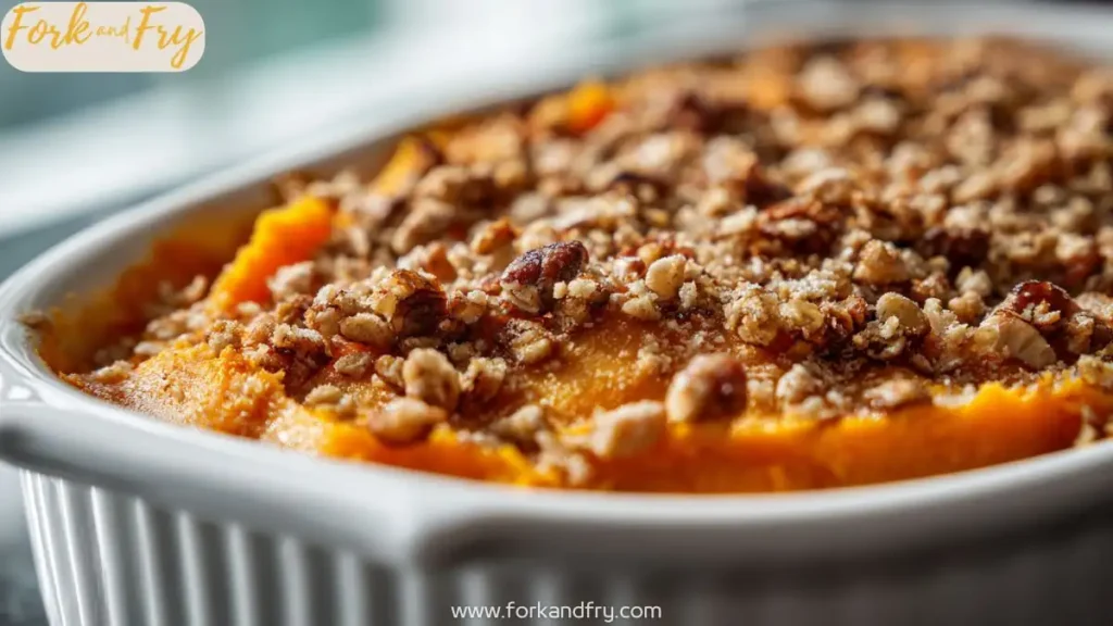 Creamy maple sweet potato bake topped with golden pecan crunch, baked in a white dish under warm natural light.