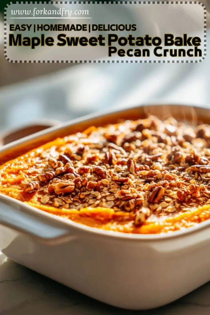 Healthy Maple Sweet Potato Bake with Pecan Crunch Cozy Fall Side Dish Recipe Golden maple sweet potato bake with crispy pecan topping, served warm in a white baking dish under soft natural light.