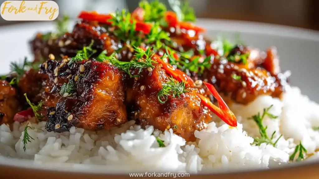 Slow cooker teriyaki chicken glazed with honey garlic sauce, served over rice.