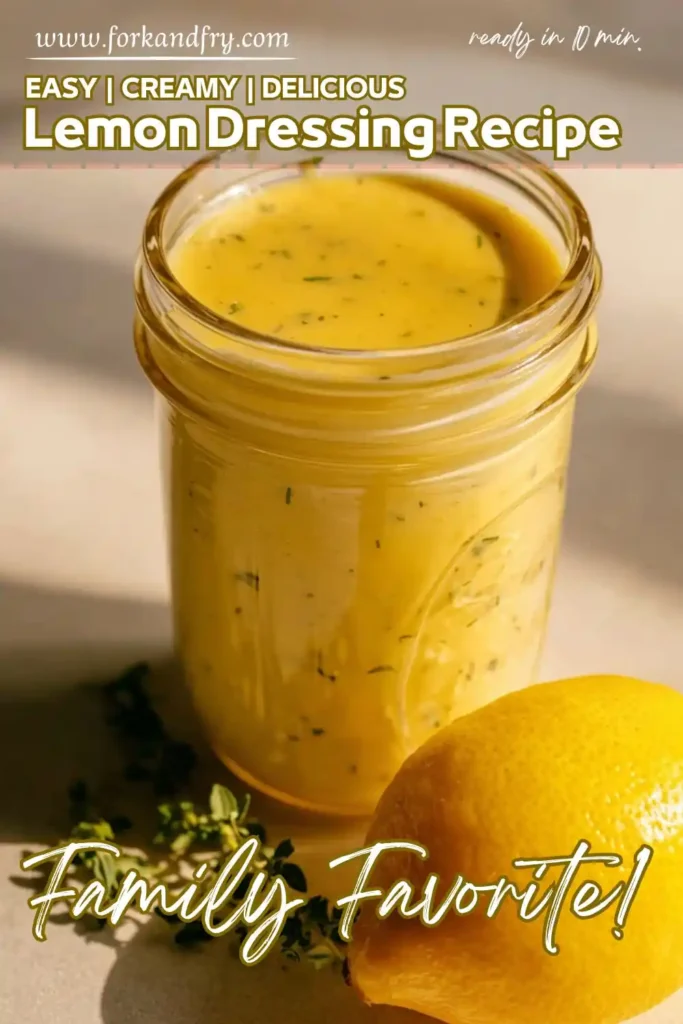 Creamy lemon herb dressing in mason jar with fresh herbs and lemon