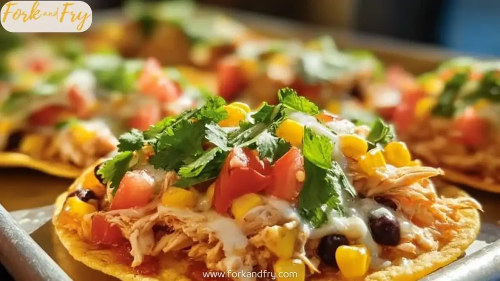 Mexican rotisserie chicken tostada with melted cheese, corn, tomato, cilantro on crispy shell