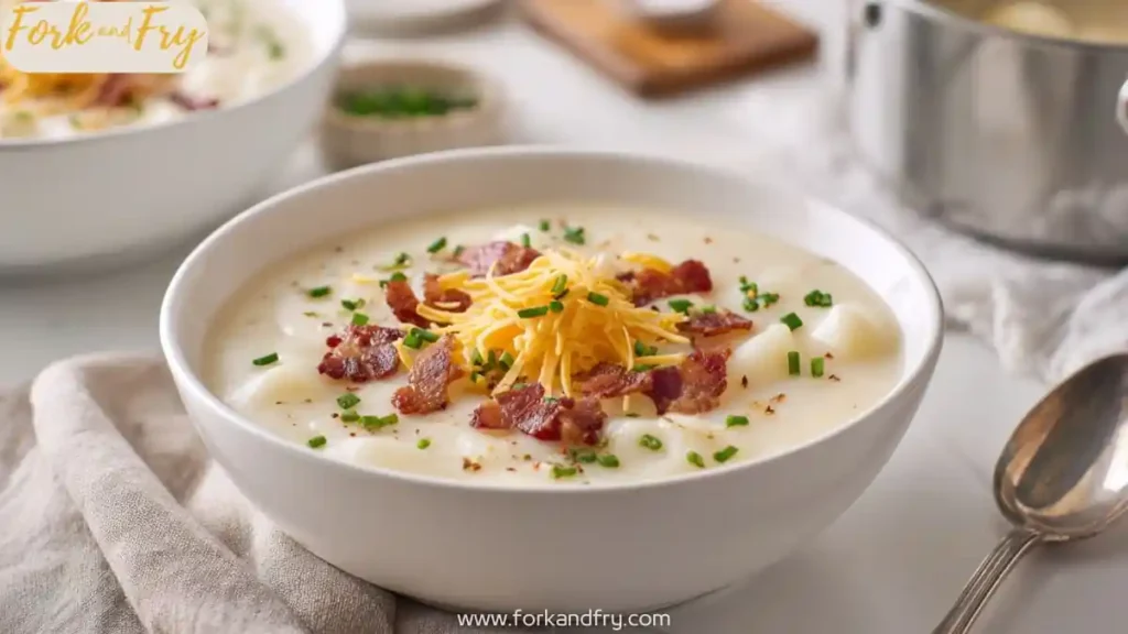 bowl of loaded potato soup topped with bacon, shredded cheese, and chives