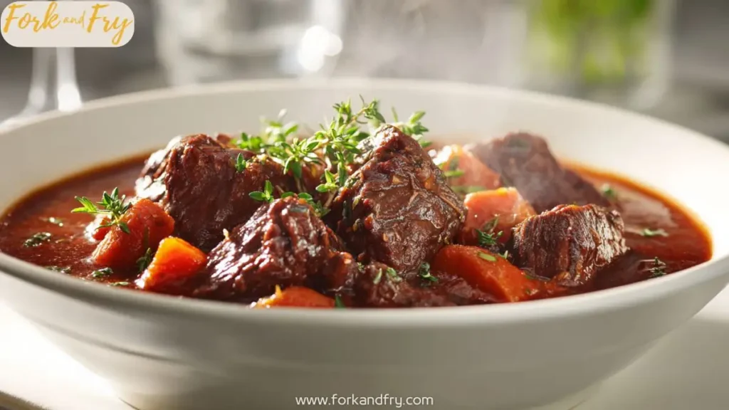 Bowl of slow-cooked beef bourguignon with carrots and herbs in rich red wine sauce under warm natural light.
