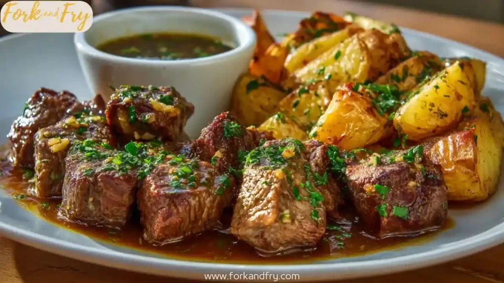 Garlic butter steak bites with roasted potatoes and dipping sauce on white plate