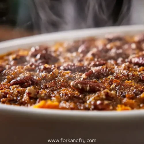 Sweet Potato Casserole with pecan topping in a white baking dish, golden brown crust and fluffy orange sweet potatoes beneath, warm fall lighting.
