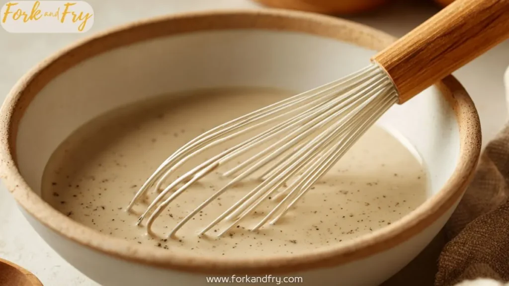 white pepper gravy in ceramic bowl with wooden handle whisk