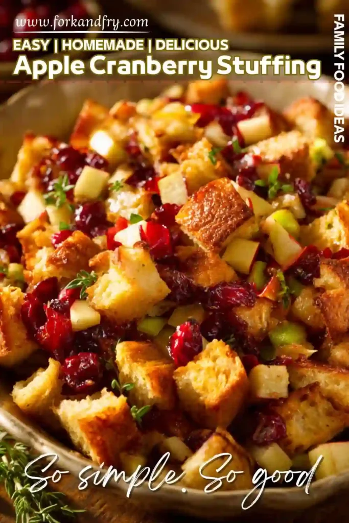 Apple Cranberry Stuffing with Toasted Bread Cubes apple cranberry stuffing with golden bread cubes in rustic bowl
