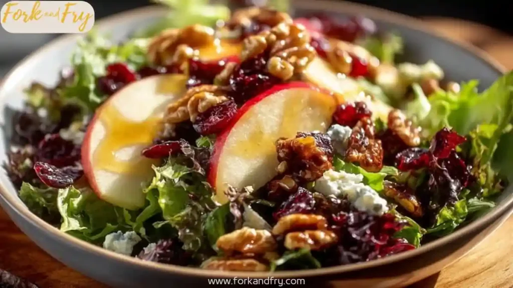 Apple walnut salad with mixed greens, cranberries, blue cheese, and honey vinaigrette