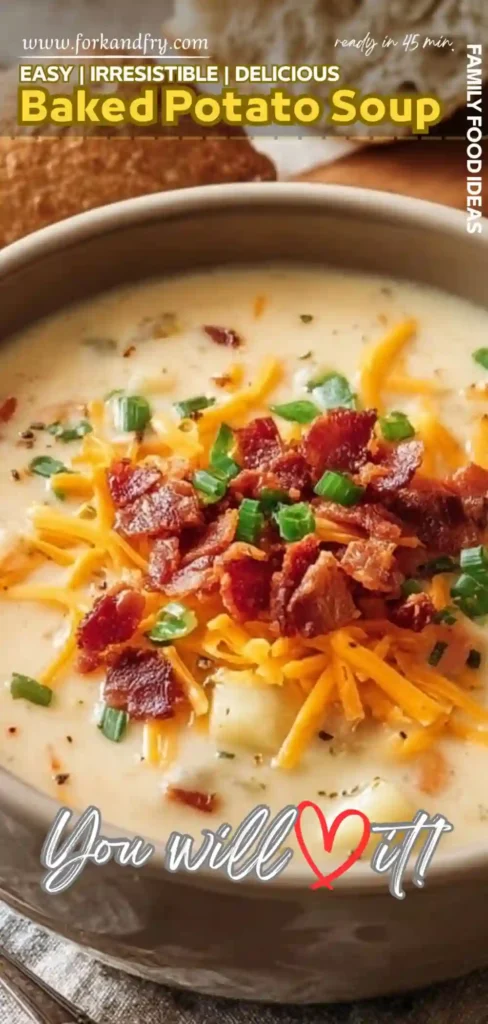 Creamy baked potato soup with crispy bacon, cheddar cheese, and green onions, served in a brown bowl