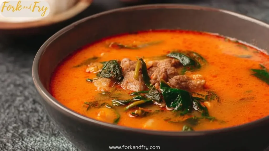 hearty beef and spinach soup in orange broth served in a black bowl with Fork and Fry branding