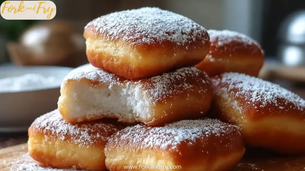 Stack of golden air fryer beignets topped with powdered sugar on wooden board