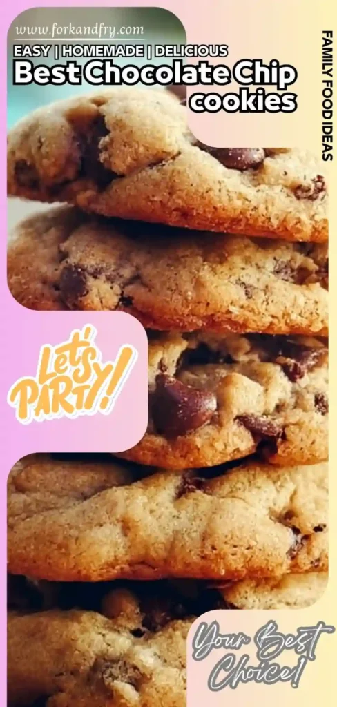 best chocolate chip cookies vertical final Tall stack of chewy chocolate chip cookies with golden edges and bold text overlay