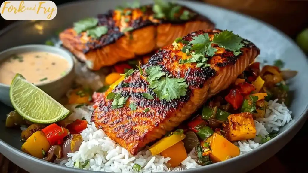 Blackened salmon fillets over rice with roasted vegetables, cilantro garnish, and lime wedge