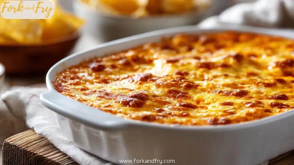 golden baked buffalo chicken dip in a white casserole dish with crispy cheese top