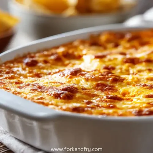 golden baked buffalo chicken dip in a white casserole dish with crispy cheese top
