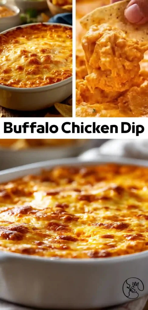 Buffalo Chicken Dip Trio Views with Cheesy Top three views of buffalo chicken dip in white dishes with golden cheese topping and chip scoop